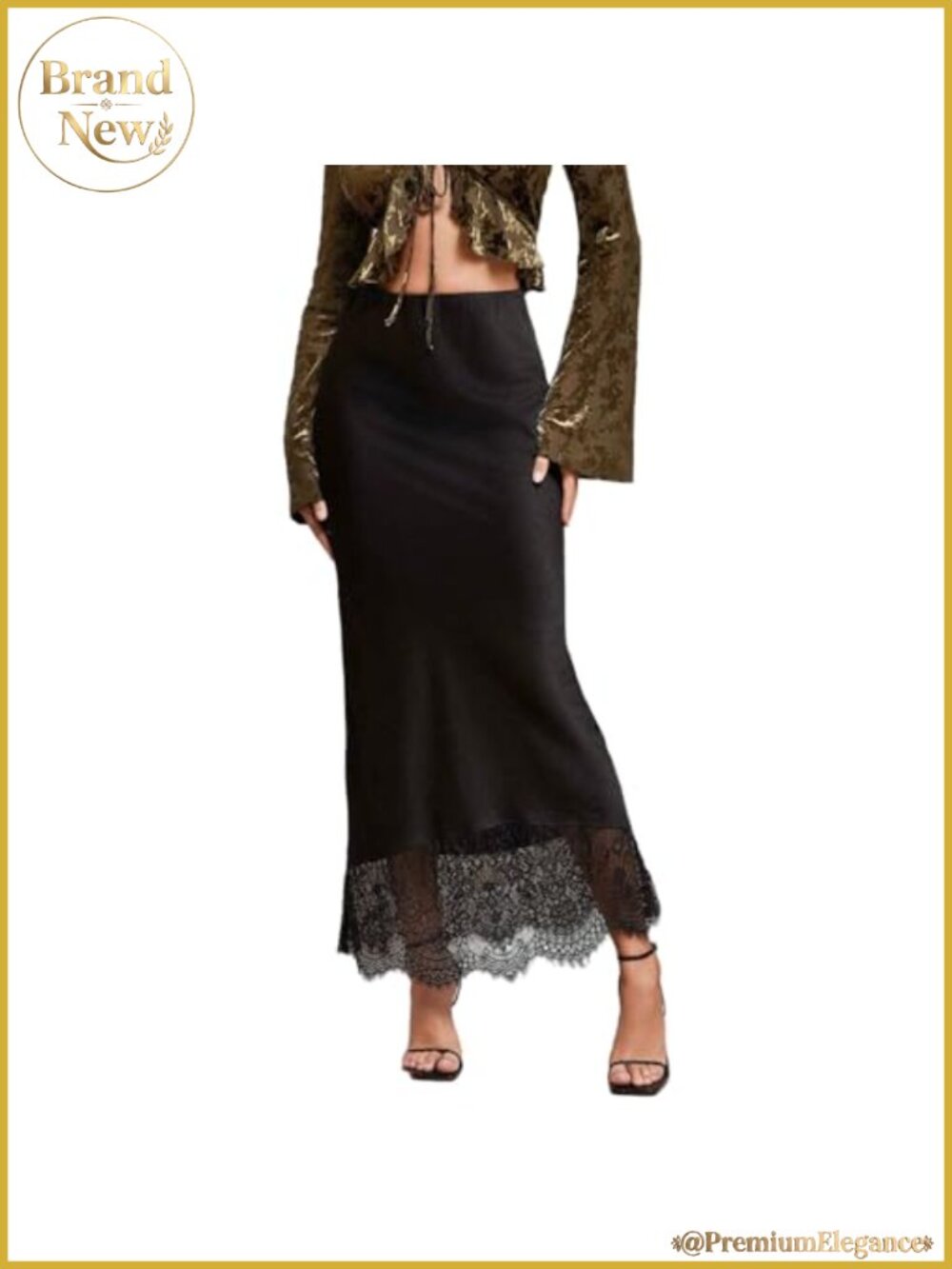 Satin Lace Patchwork Maxi Skirt High Waist A-Line Silk Skirt